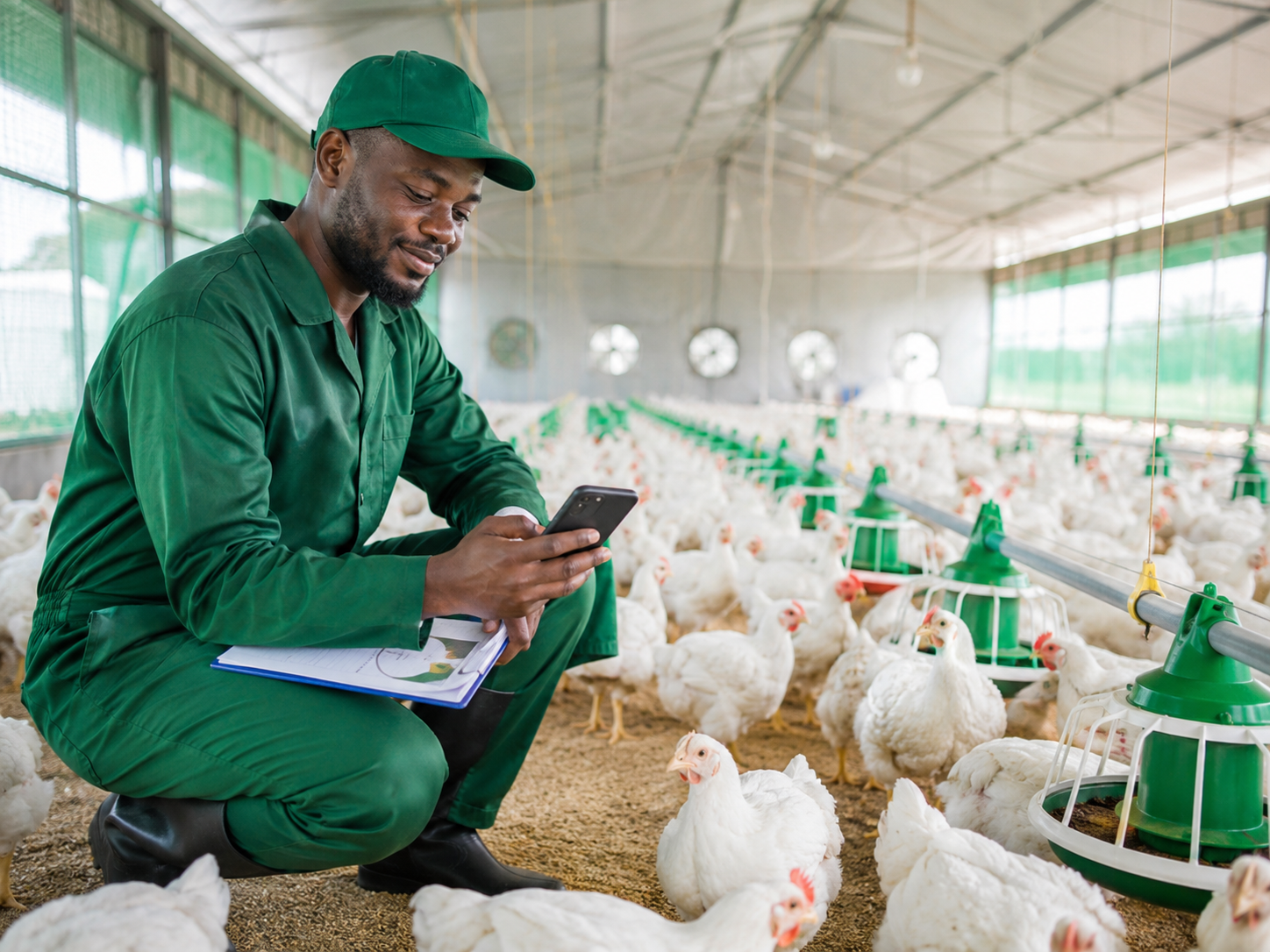 Nigerian poultry farmer checking birds in a modern poultry house